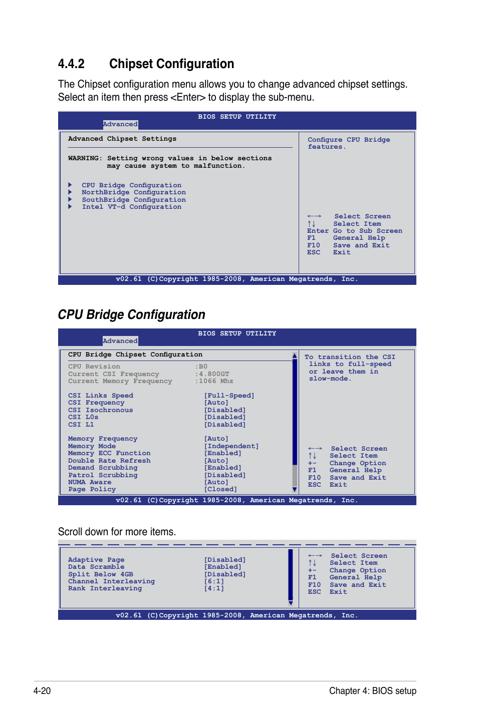 2 chipset configuration, Cpu bridge configuration, Scroll down for more items | 20 chapter 4: bios setup | Asus Z8PE-D12 User Manual | Page 86 / 168