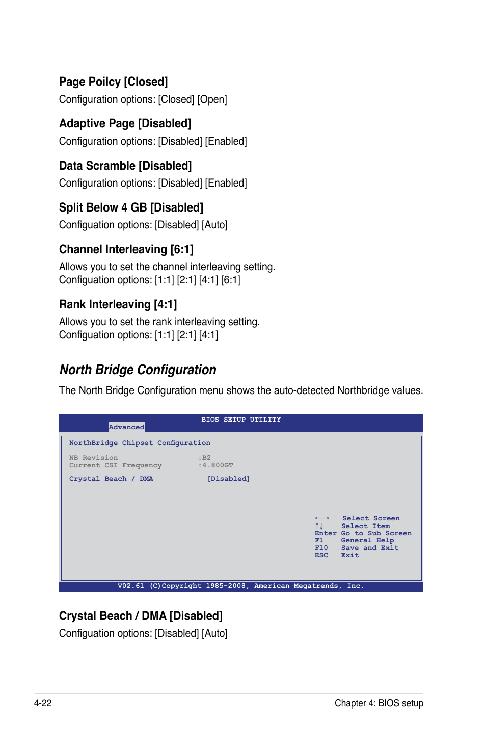 North bridge configuration, Page poilcy [closed, Adaptive page [disabled | Data scramble [disabled, Split below 4 gb [disabled, Channel interleaving [6:1, Rank interleaving [4:1, Crystal beach / dma [disabled | Asus Z8PE-D12 User Manual | Page 88 / 168