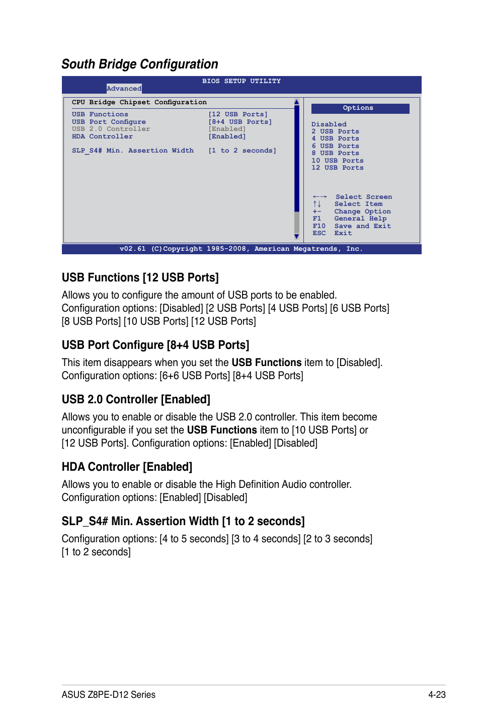 South bridge configuration, Usb functions [12 usb ports, Usb port configure [8+4 usb ports | Usb 2.0 controller [enabled, Hda controller [enabled, Slp_s4# min. assertion width [1 to 2 seconds | Asus Z8PE-D12 User Manual | Page 89 / 168