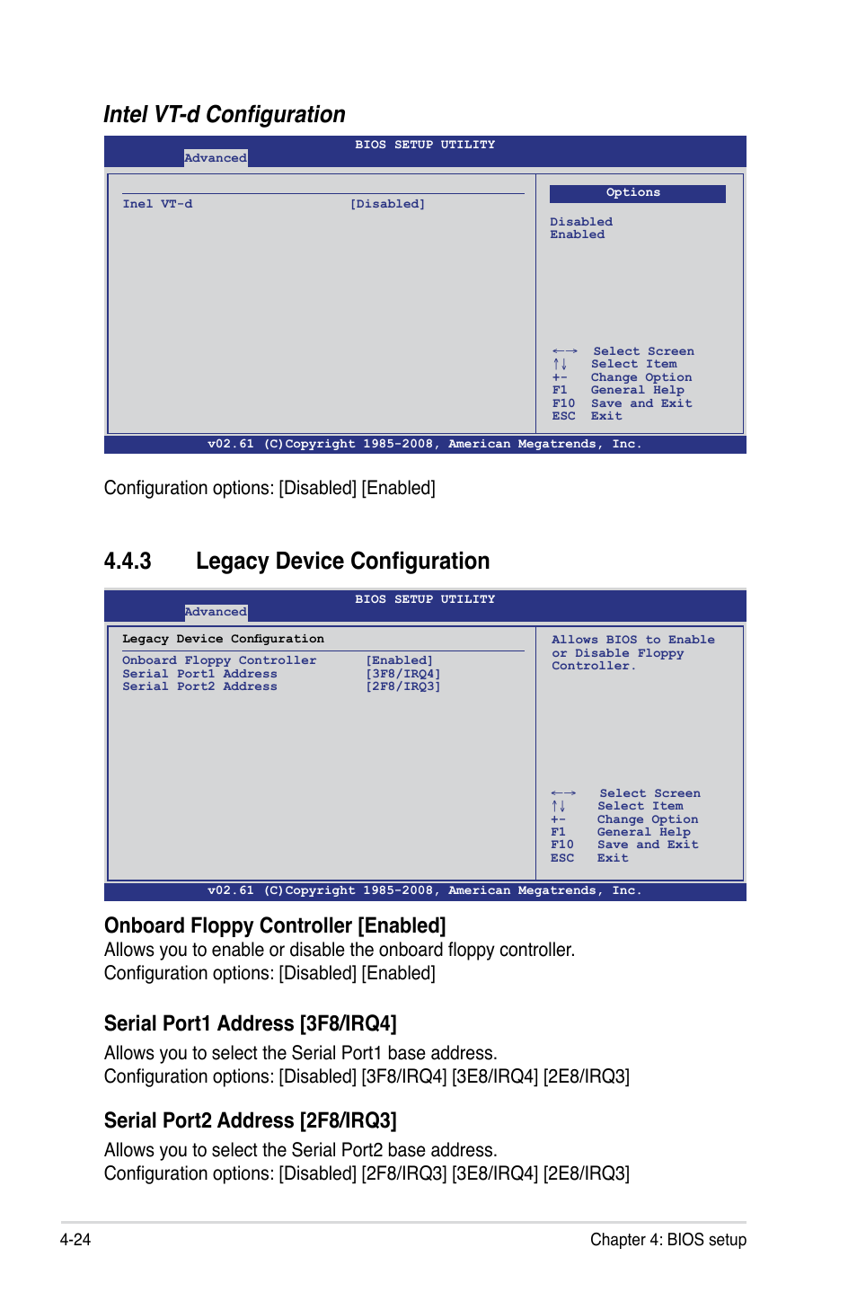 Intel vt-d configuration, 3 legacy device configuration, Onboard floppy controller [enabled | Serial port1 address [3f8/irq4, Serial port2 address [2f8/irq3, Configuration options: [disabled] [enabled | Asus Z8PE-D12 User Manual | Page 90 / 168