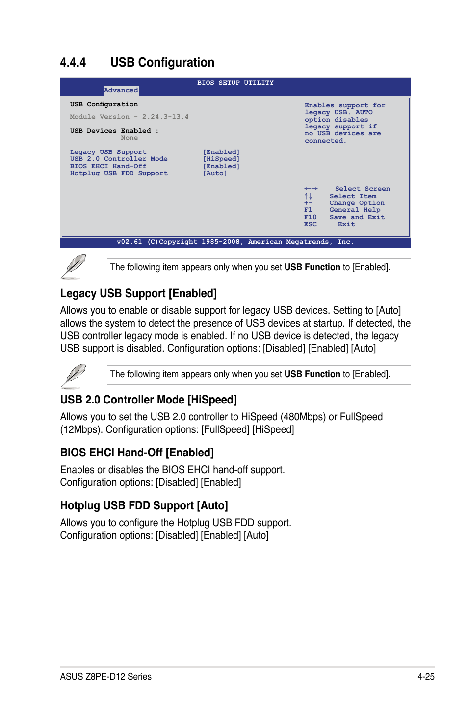 4 usb configuration, Legacy usb support [enabled, Usb 2.0 controller mode [hispeed | Bios ehci hand-off [enabled, Hotplug usb fdd support [auto | Asus Z8PE-D12 User Manual | Page 91 / 168