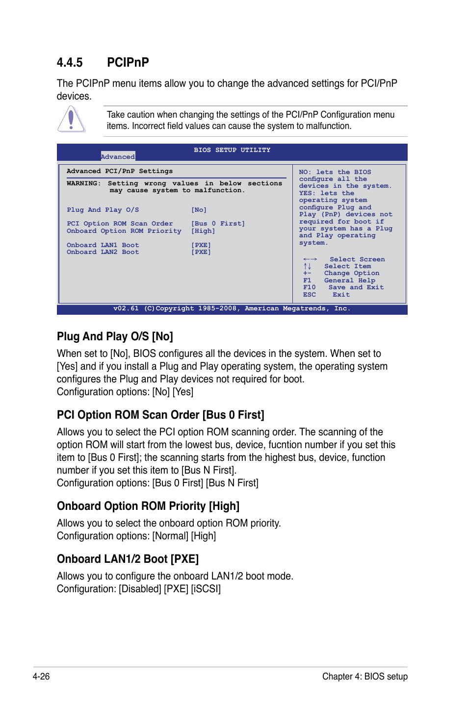 5 pcipnp, Plug and play o/s [no, Pci option rom scan order [bus 0 first | Onboard option rom priority [high, Onboard lan1/2 boot [pxe | Asus Z8PE-D12 User Manual | Page 92 / 168