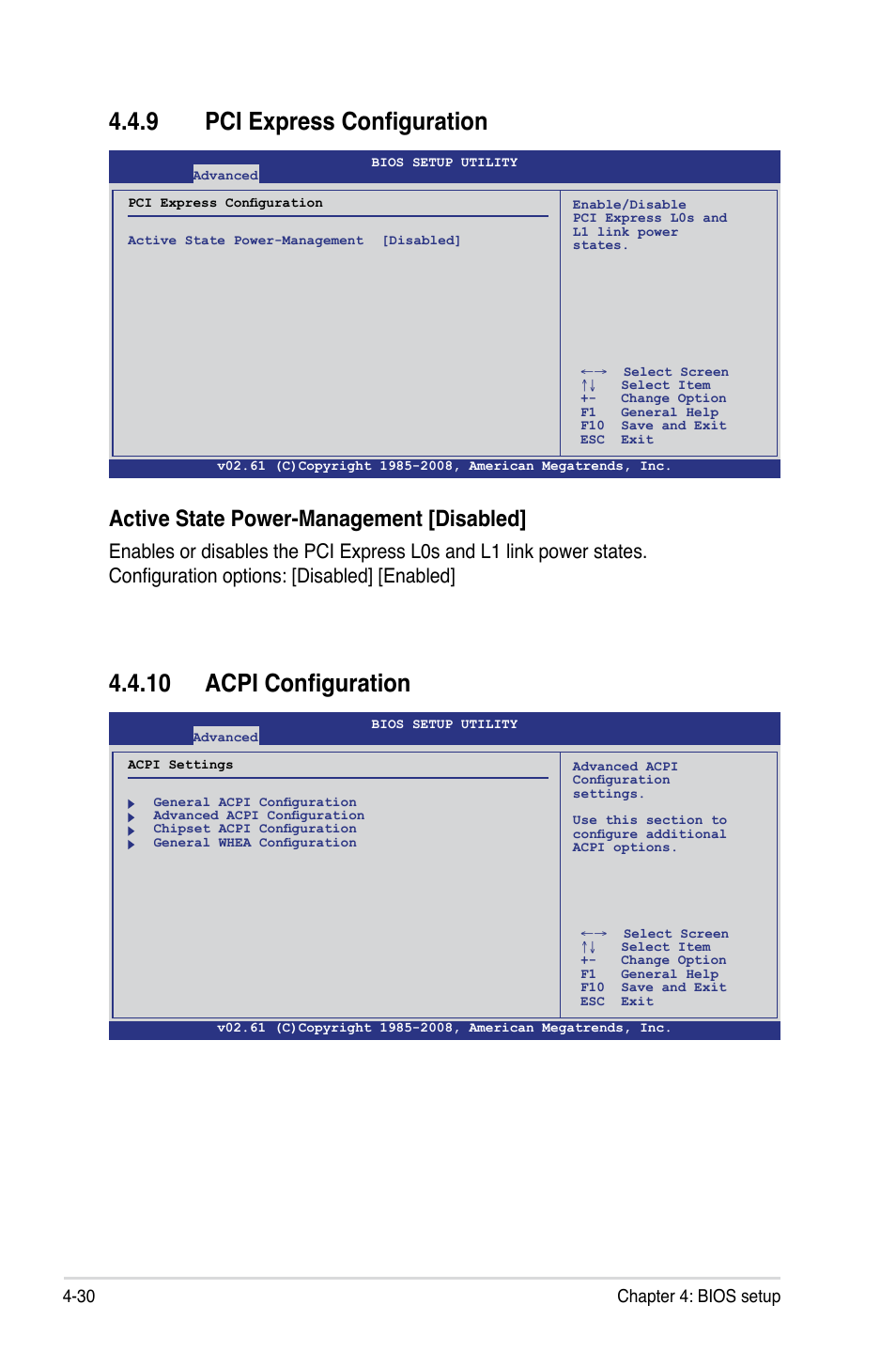 10 acpi configuration, 9 pci express configuration, Active state power-management [disabled | 30 chapter 4: bios setup | Asus Z8PE-D12 User Manual | Page 96 / 168