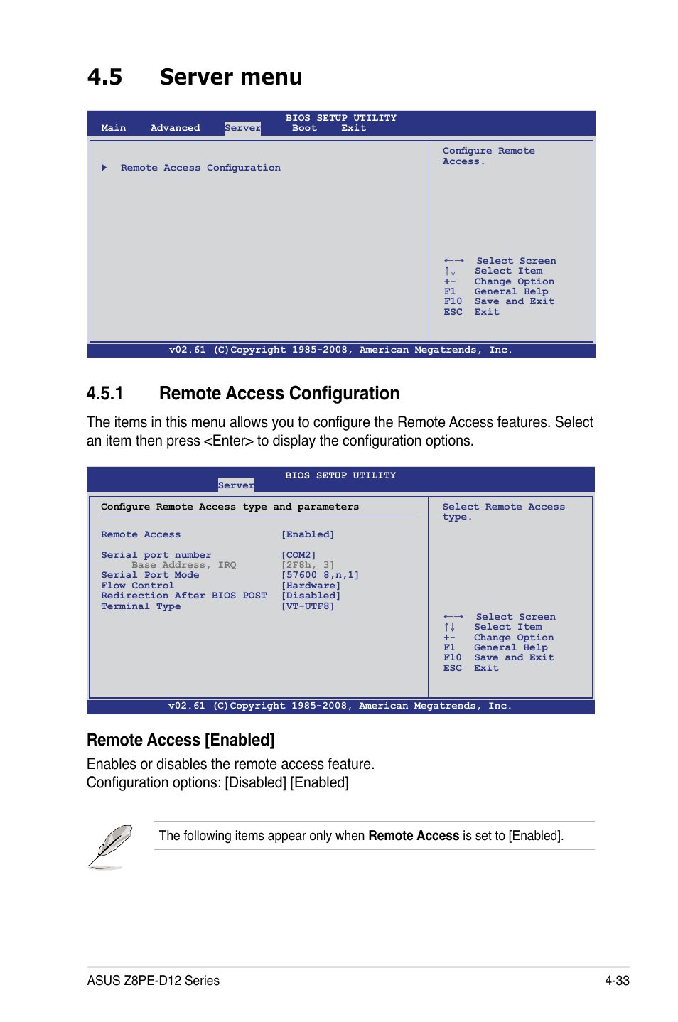 5 server menu, 1 remote access configuration, Remote access [enabled | Asus Z8PE-D12 User Manual | Page 99 / 168