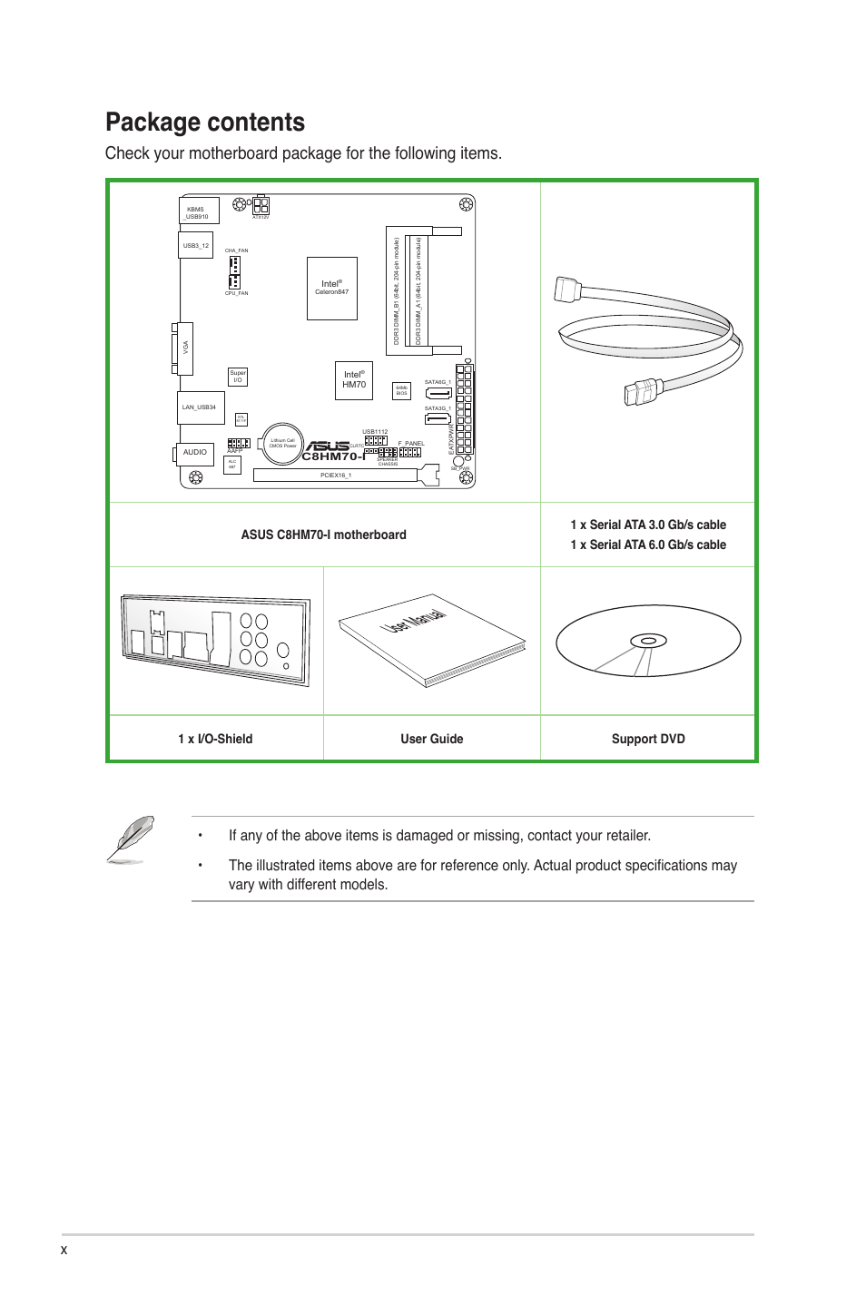 Package contents, User manual, 1 x i/o-shield user guide support dvd | Asus C8HM70-I/HDMI User Manual | Page 10 / 57