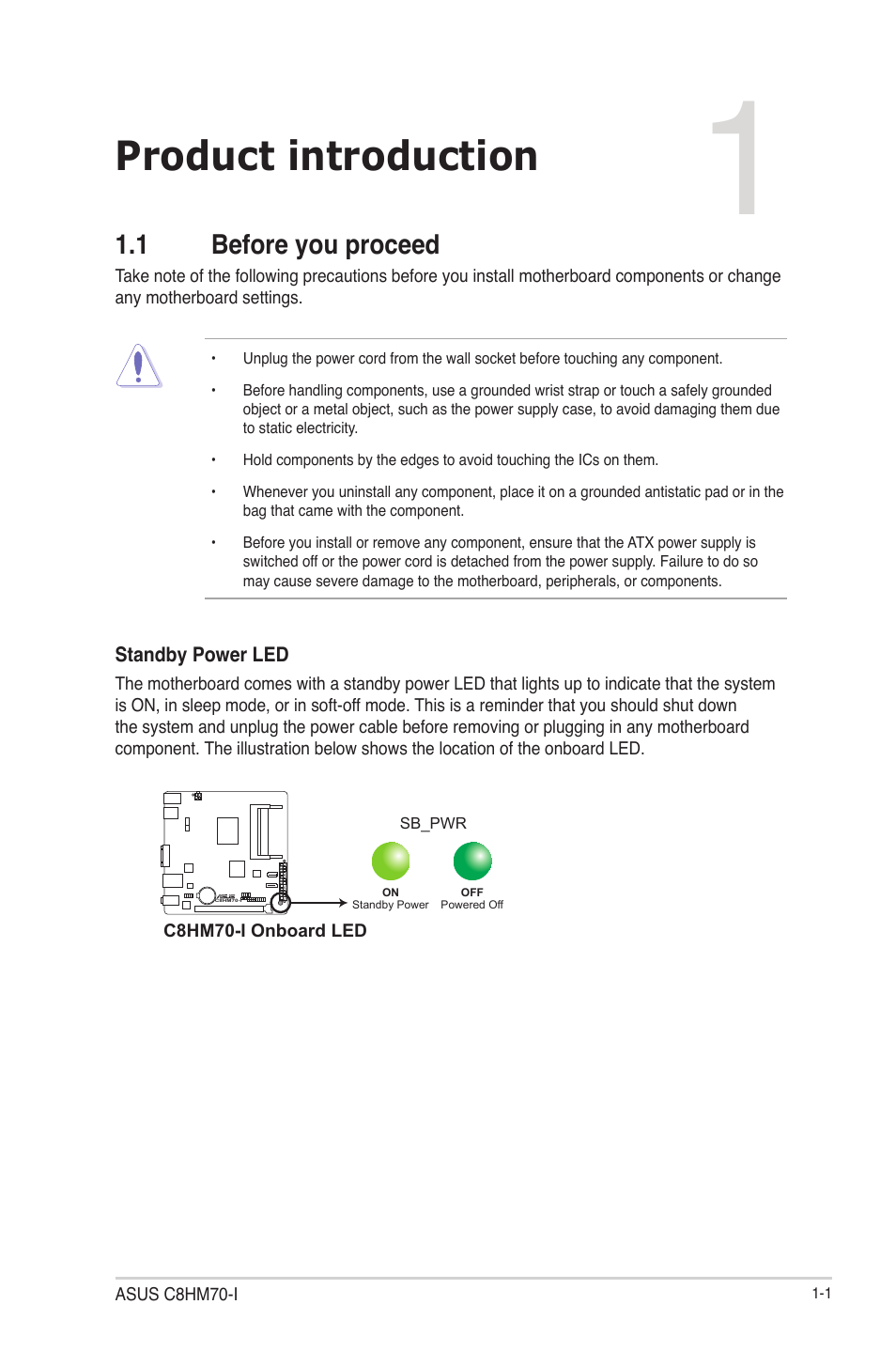 Product introduction, 1 before you proceed, Before you proceed -1 | Asus C8HM70-I/HDMI User Manual | Page 11 / 57