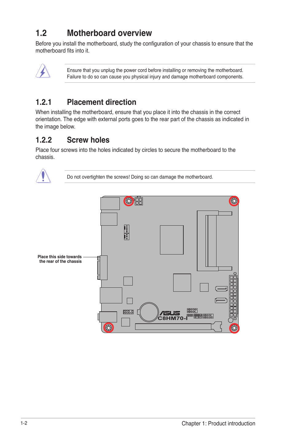 2 motherboard overview, 1 placement direction, 2 screw holes | Motherboard overview -2 1.2.1, Placement direction -2, Screw holes -2 | Asus C8HM70-I/HDMI User Manual | Page 12 / 57