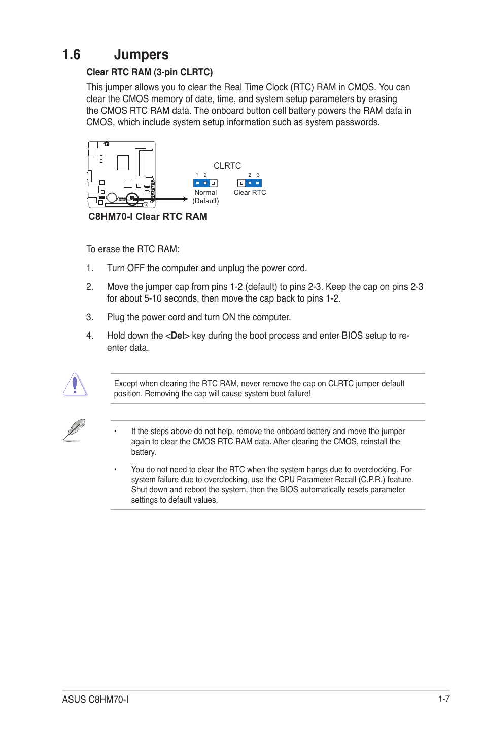 6 jumpers, Jumpers -7 | Asus C8HM70-I/HDMI User Manual | Page 17 / 57
