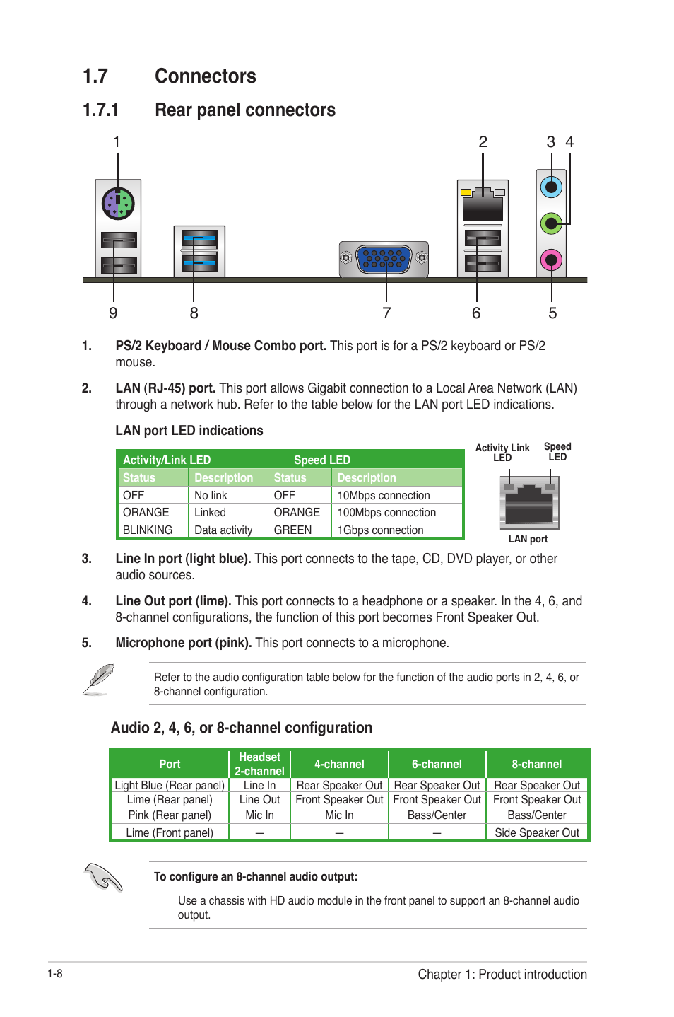7 connectors, 1 rear panel connectors, Connectors -8 1.7.1 | Rear panel connectors -8 | Asus C8HM70-I/HDMI User Manual | Page 18 / 57