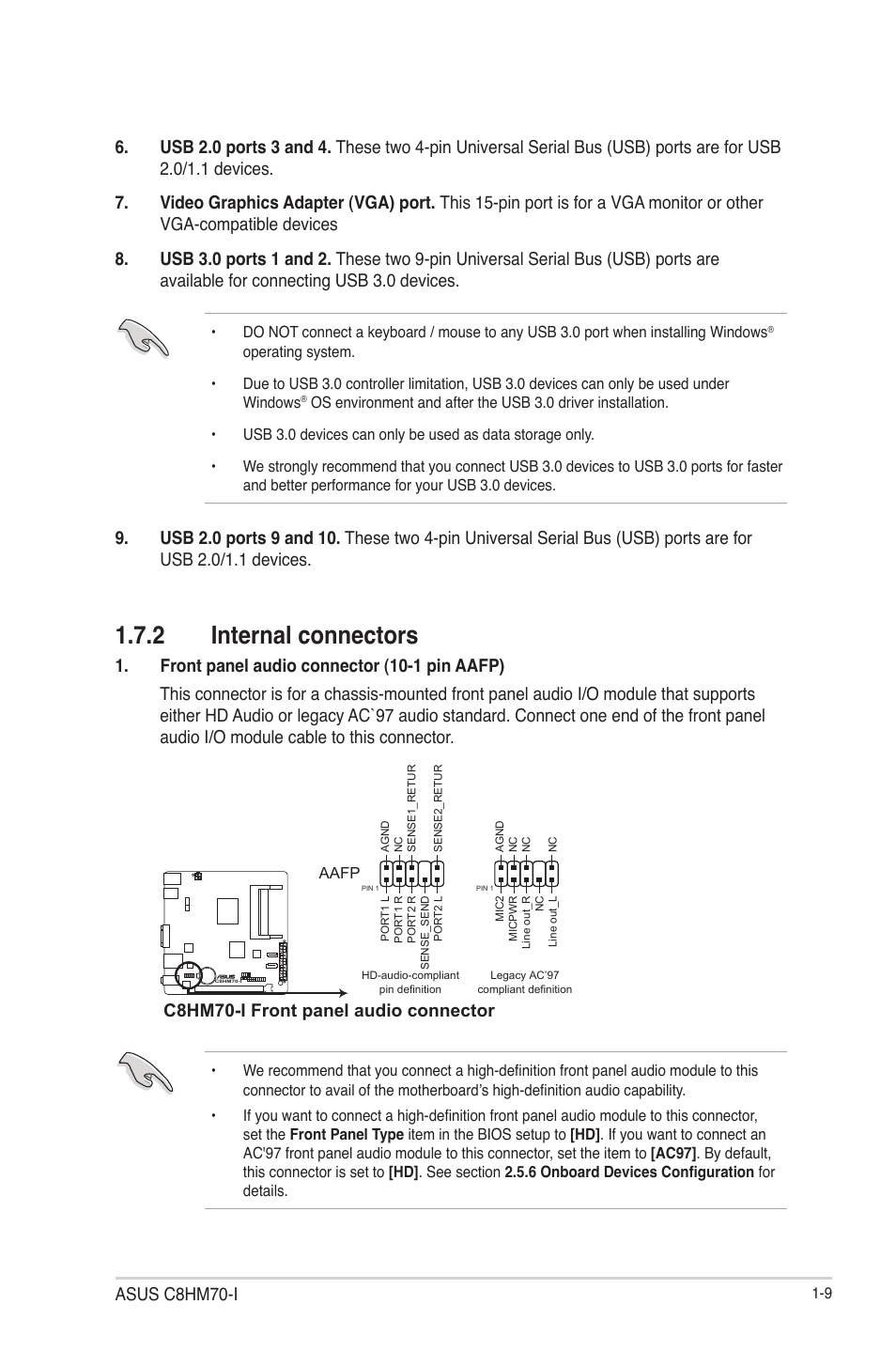 2 internal connectors, Internal connectors -9, Asus c8hm70-i | C8hm70-i front panel audio connector | Asus C8HM70-I/HDMI User Manual | Page 19 / 57