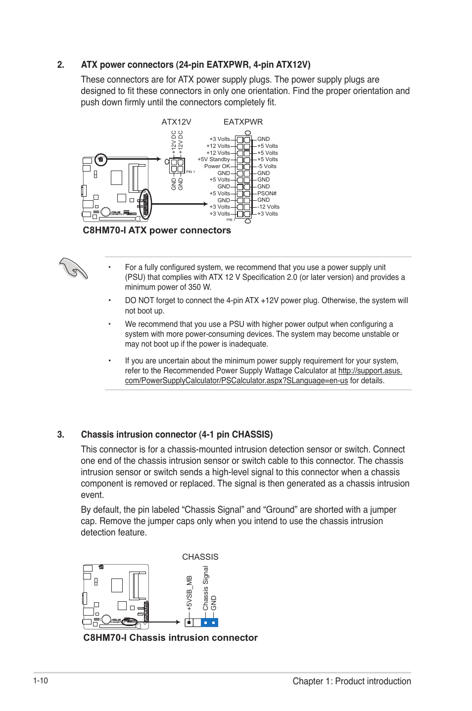 Chapter 1: product introduction, C8hm70-i atx power connectors, C8hm70-i chassis intrusion connector | Asus C8HM70-I/HDMI User Manual | Page 20 / 57