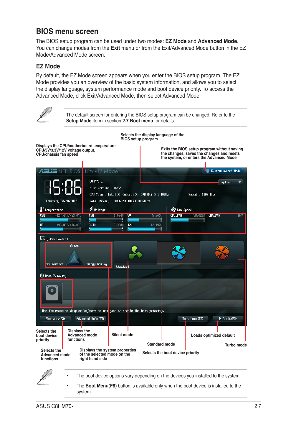 Bios menu screen, Ez mode | Asus C8HM70-I/HDMI User Manual | Page 31 / 57