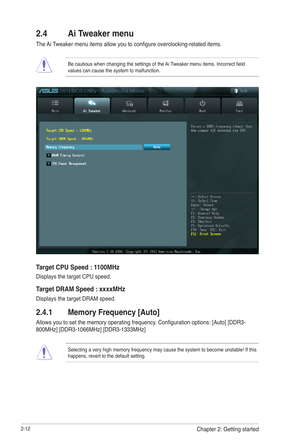4 ai tweaker menu, 1 memory frequency [auto, Ai tweaker menu -12 2.4.1 | Memory frequency [auto] -12 | Asus C8HM70-I/HDMI User Manual | Page 36 / 57