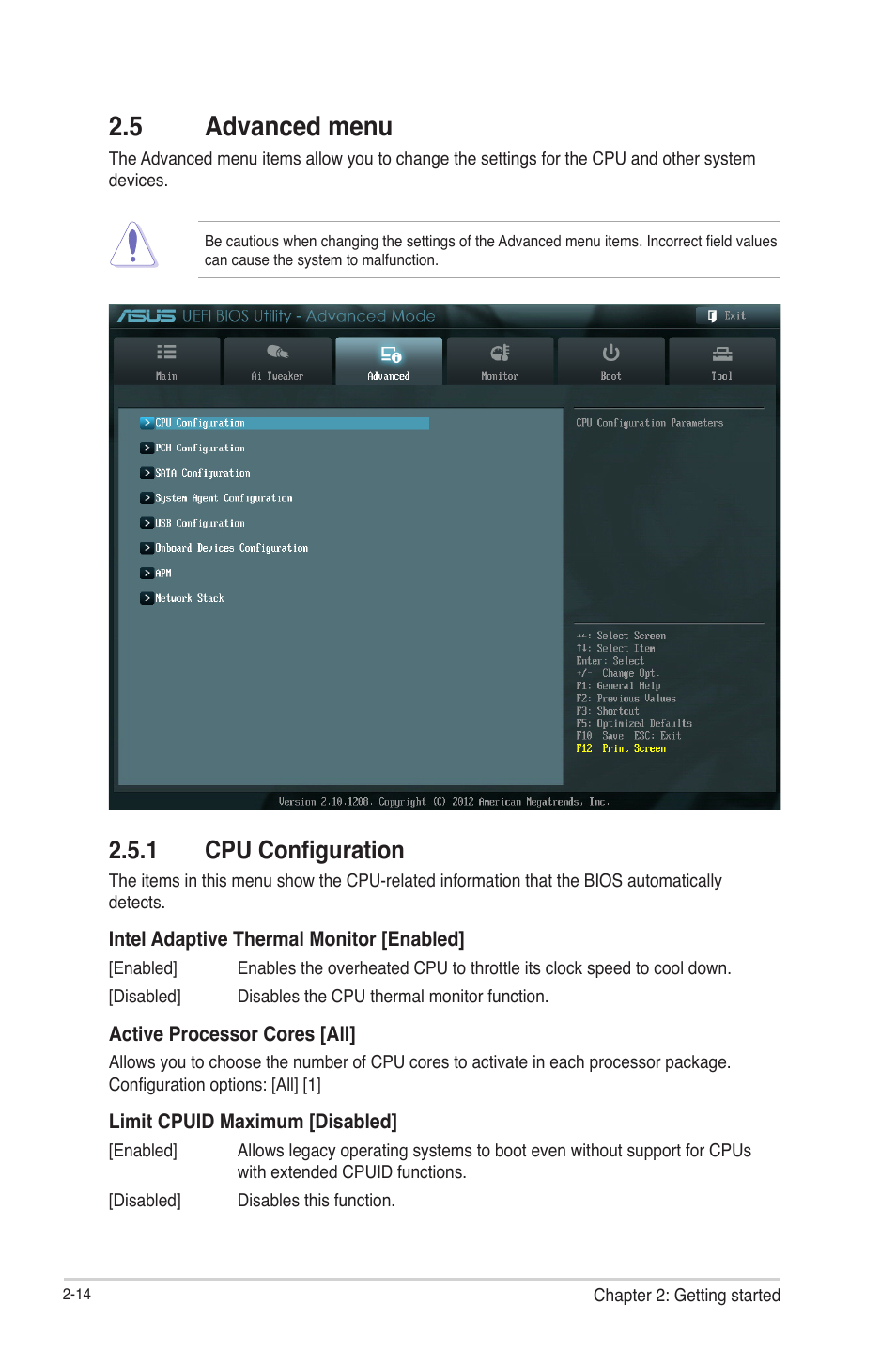 5 advanced menu, 1 cpu configuration, Advanced menu -14 2.5.1 | Cpu configuration -14 | Asus C8HM70-I/HDMI User Manual | Page 38 / 57