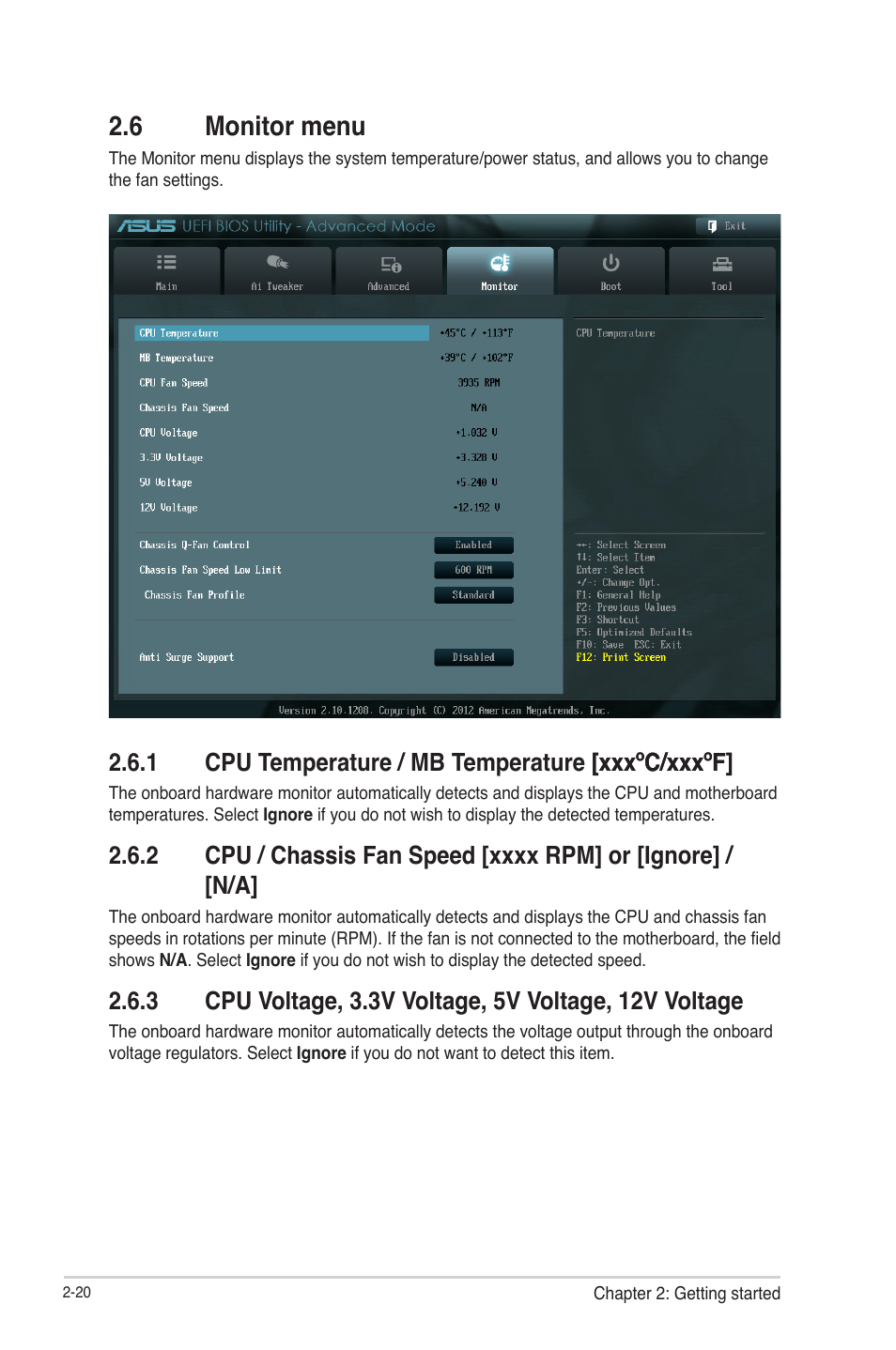 6 monitor menu, 1 cpu temperature / mb temperature [xxxºc/xxxºf, Monitor menu -20 2.6.1 | Cpu temperature / mb temperature [xxxºc/xxxºf] -20 | Asus C8HM70-I/HDMI User Manual | Page 44 / 57