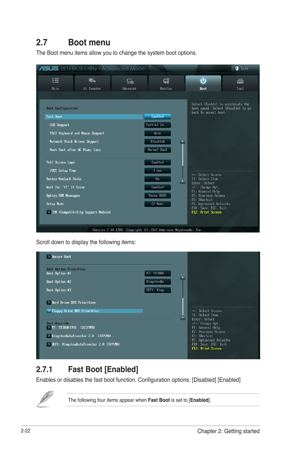 7 boot menu, 1 fast boot [enabled, Boot menu -22 2.7.1 | Fast boot [enabled] -22 | Asus C8HM70-I/HDMI User Manual | Page 46 / 57