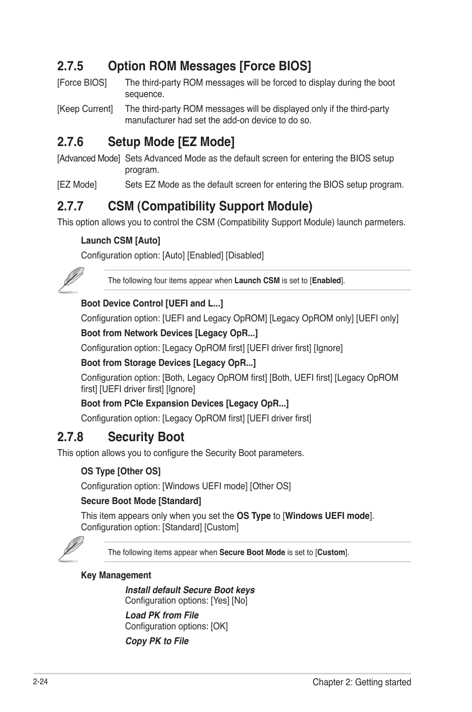 5 option rom messages [force bios, 6 setup mode [ez mode, 7 csm (compatibility support module) | 8 security boot, Option rom messages [force bios] -24, Setup mode [ez mode] -24, Csm (compatibility support module) -24, Security boot -24 | Asus C8HM70-I/HDMI User Manual | Page 48 / 57