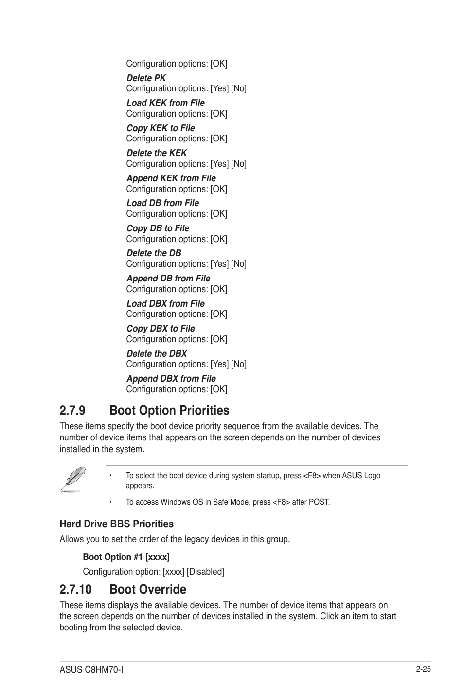 9 boot option priorities, 10 boot override, Boot option priorities -25 | 10 boot override -25 | Asus C8HM70-I/HDMI User Manual | Page 49 / 57