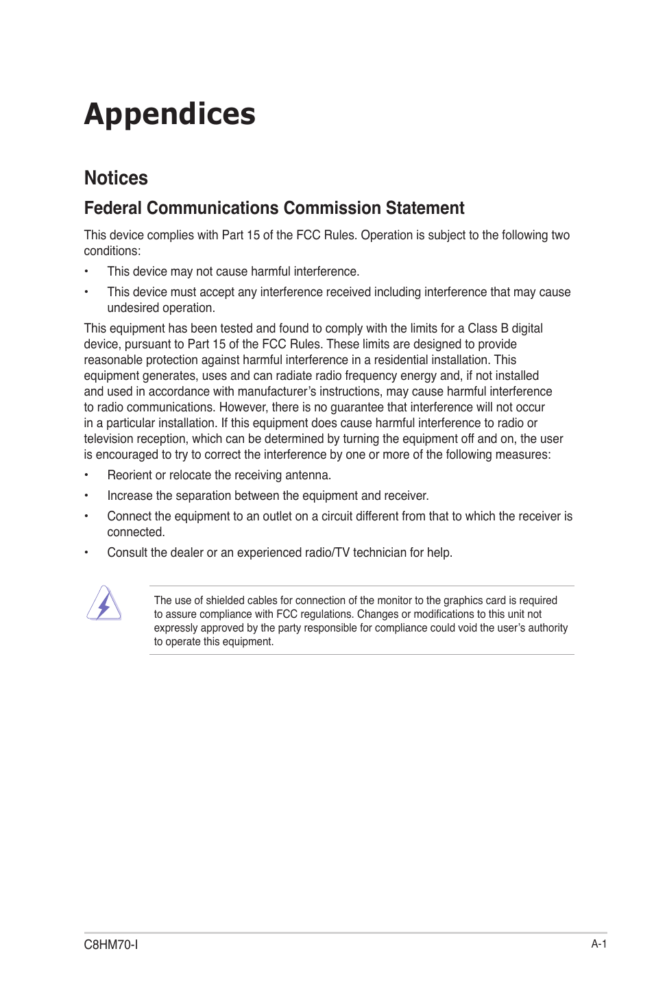 Appendices, Notices, Federal communications commission statement | Asus C8HM70-I/HDMI User Manual | Page 53 / 57