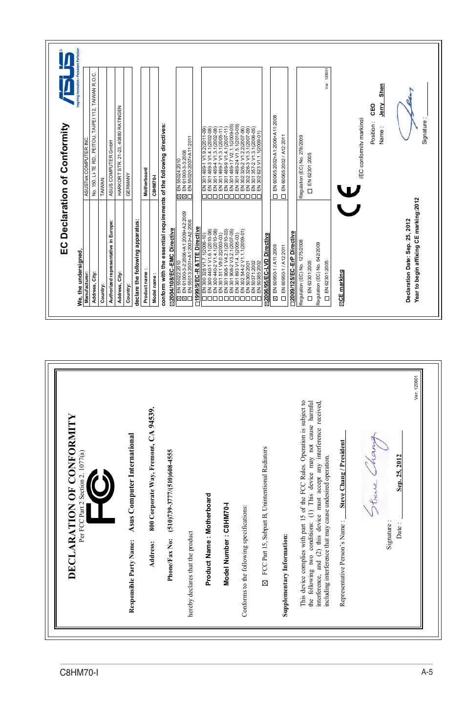 Declaration of conformity, C8hm70-i, Ec declaration of conformity | Asu s c om pu te r in te rn at io na l | Asus C8HM70-I/HDMI User Manual | Page 57 / 57