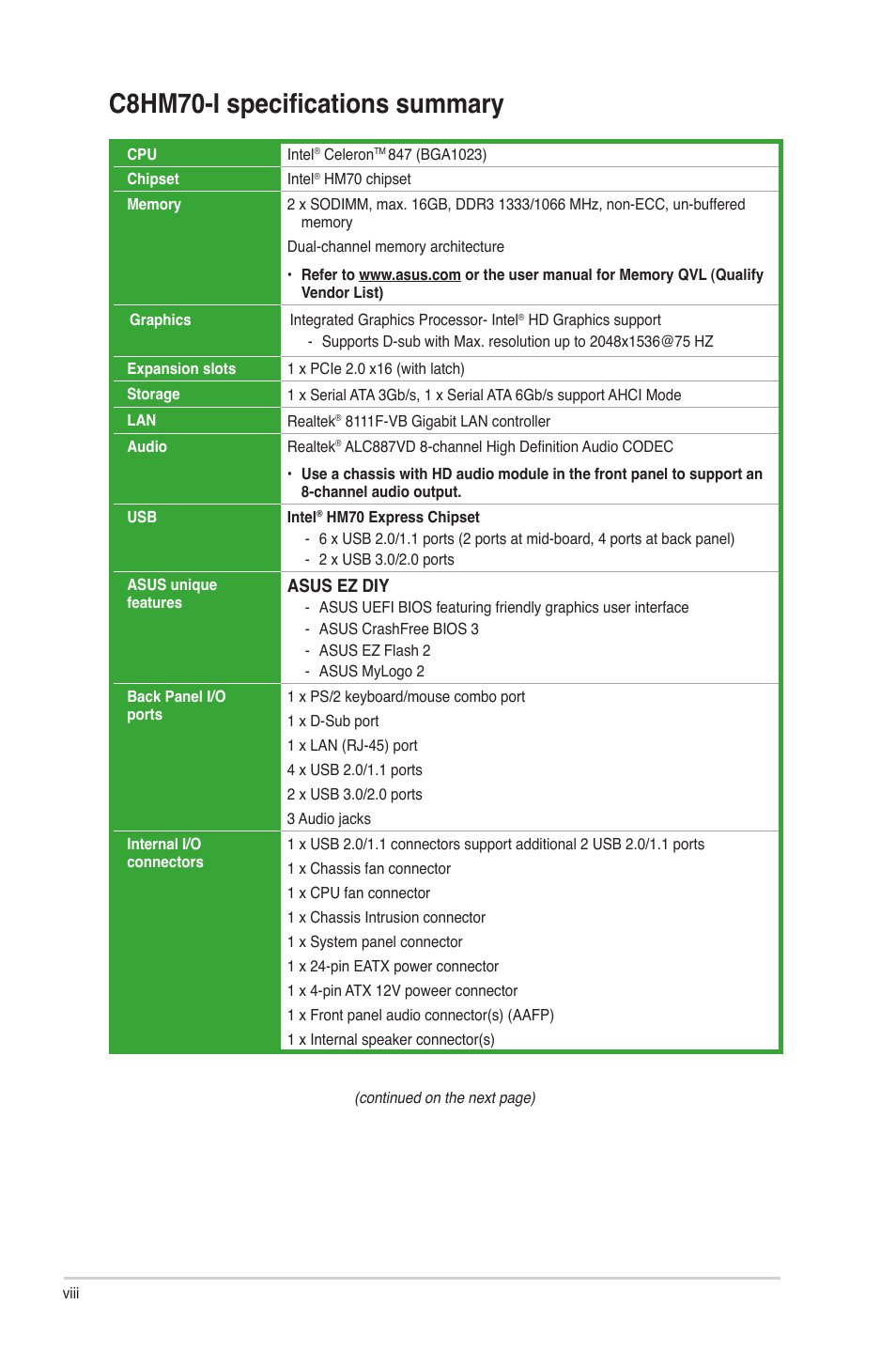 C8hm70-i specifications summary, Asus ez diy | Asus C8HM70-I/HDMI User Manual | Page 8 / 57