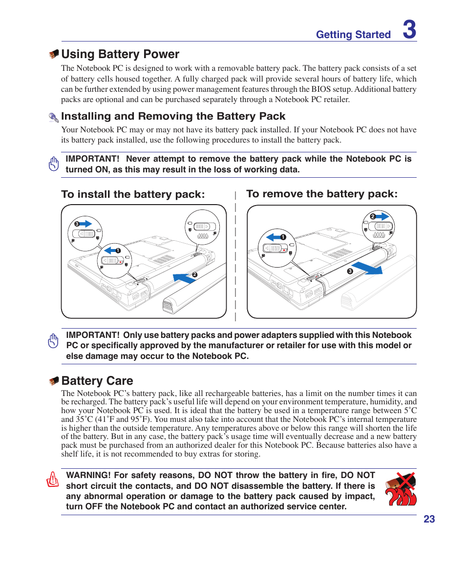 Using battery power, Battery care | Asus W5Fe User Manual | Page 23 / 87