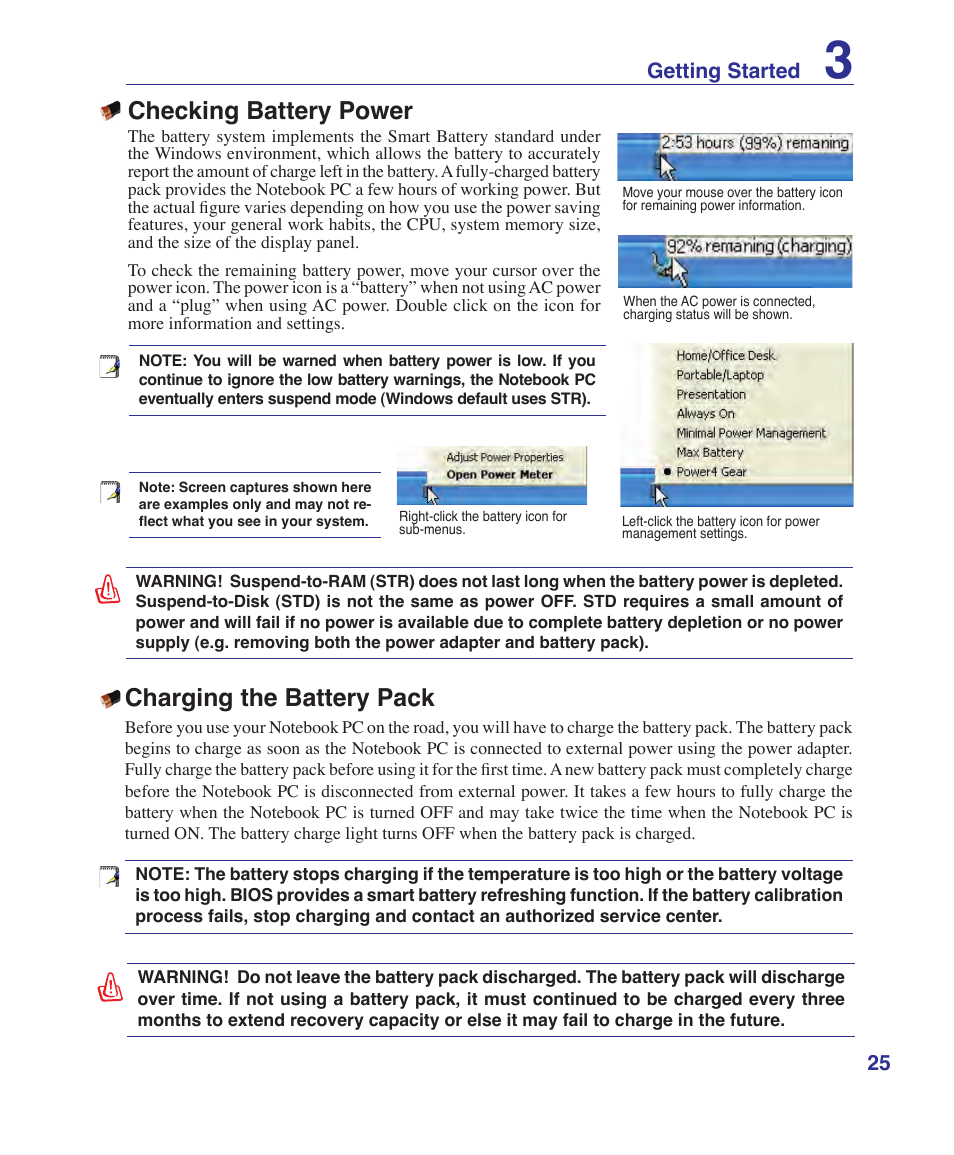 Checking battery power, Charging the battery pack, 2 getting started | Asus W5Fe User Manual | Page 25 / 87