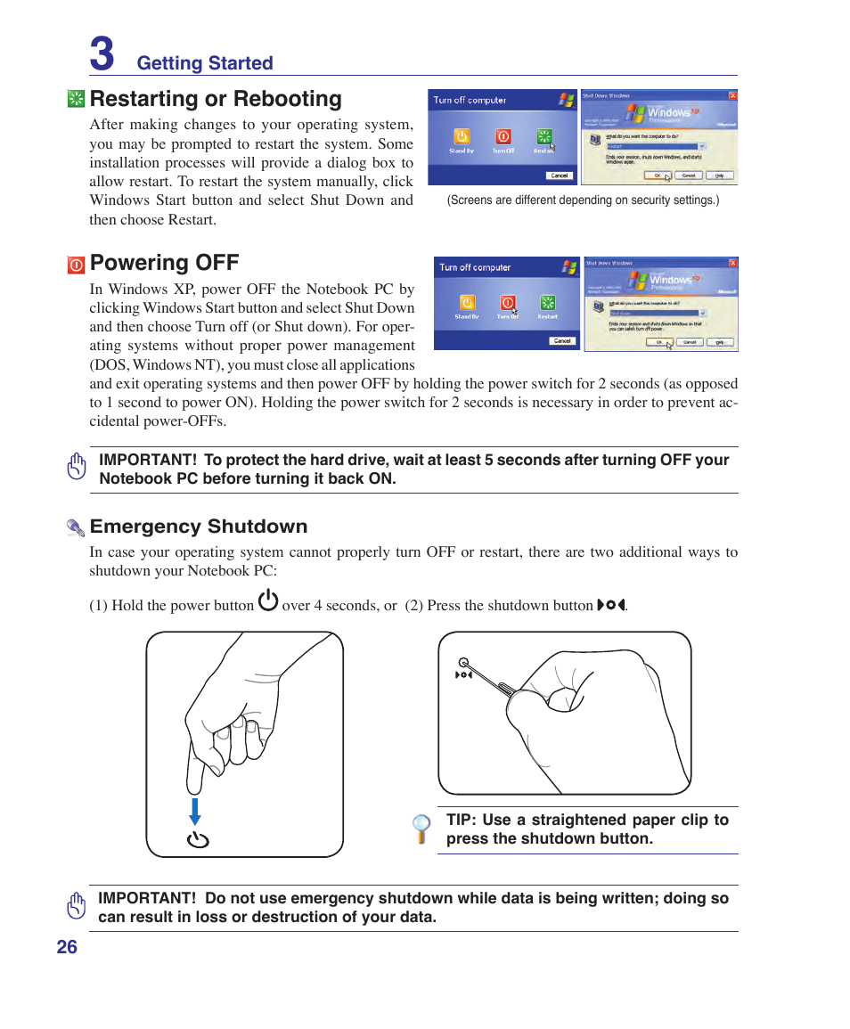 Restarting or rebooting, Powering off | Asus W5Fe User Manual | Page 26 / 87