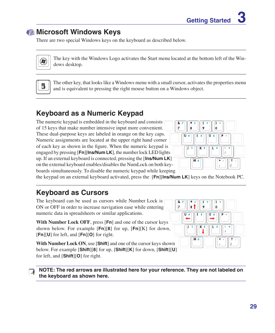 Microsoft windows keys, Keyboard as a numeric keypad, Keyboard as cursors | 29 getting started | Asus W5Fe User Manual | Page 29 / 87