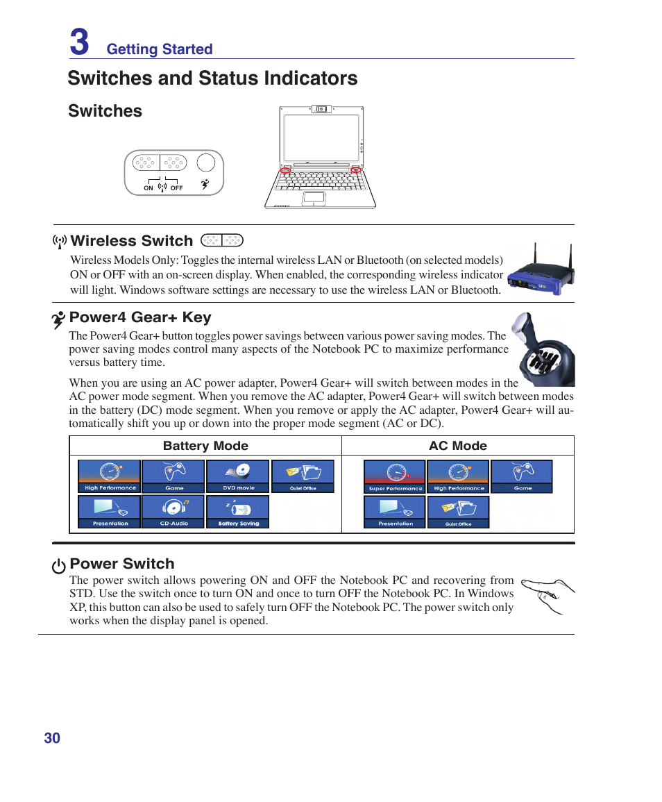 Switches and status indicators, Switches | Asus W5Fe User Manual | Page 30 / 87