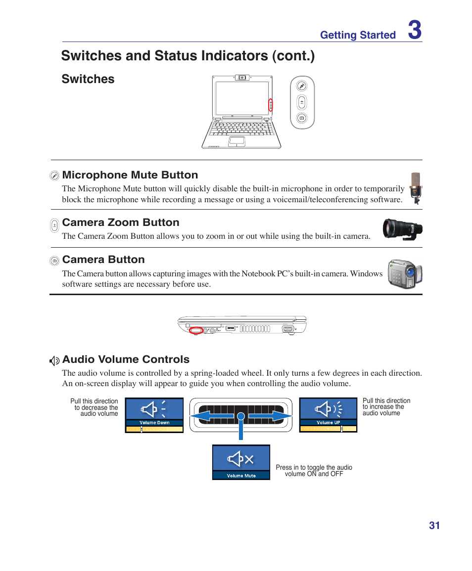 Switches, Switches and status indicators (cont.) | Asus W5Fe User Manual | Page 31 / 87