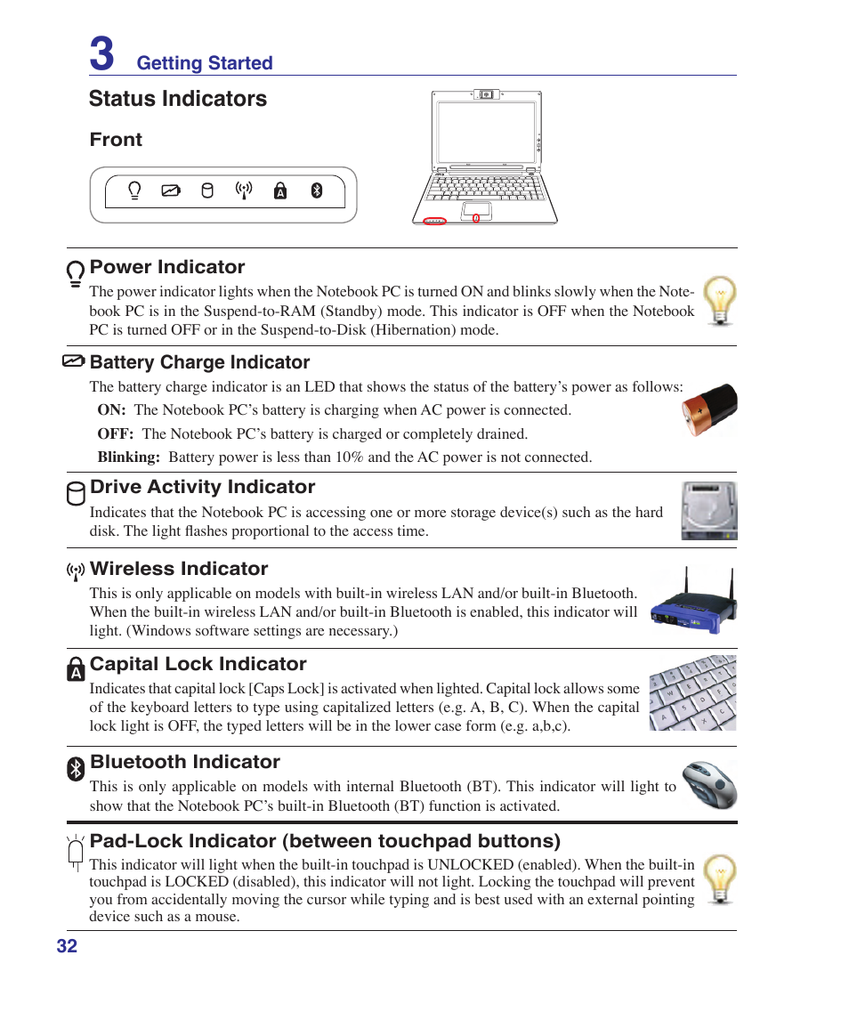 Status indicators | Asus W5Fe User Manual | Page 32 / 87