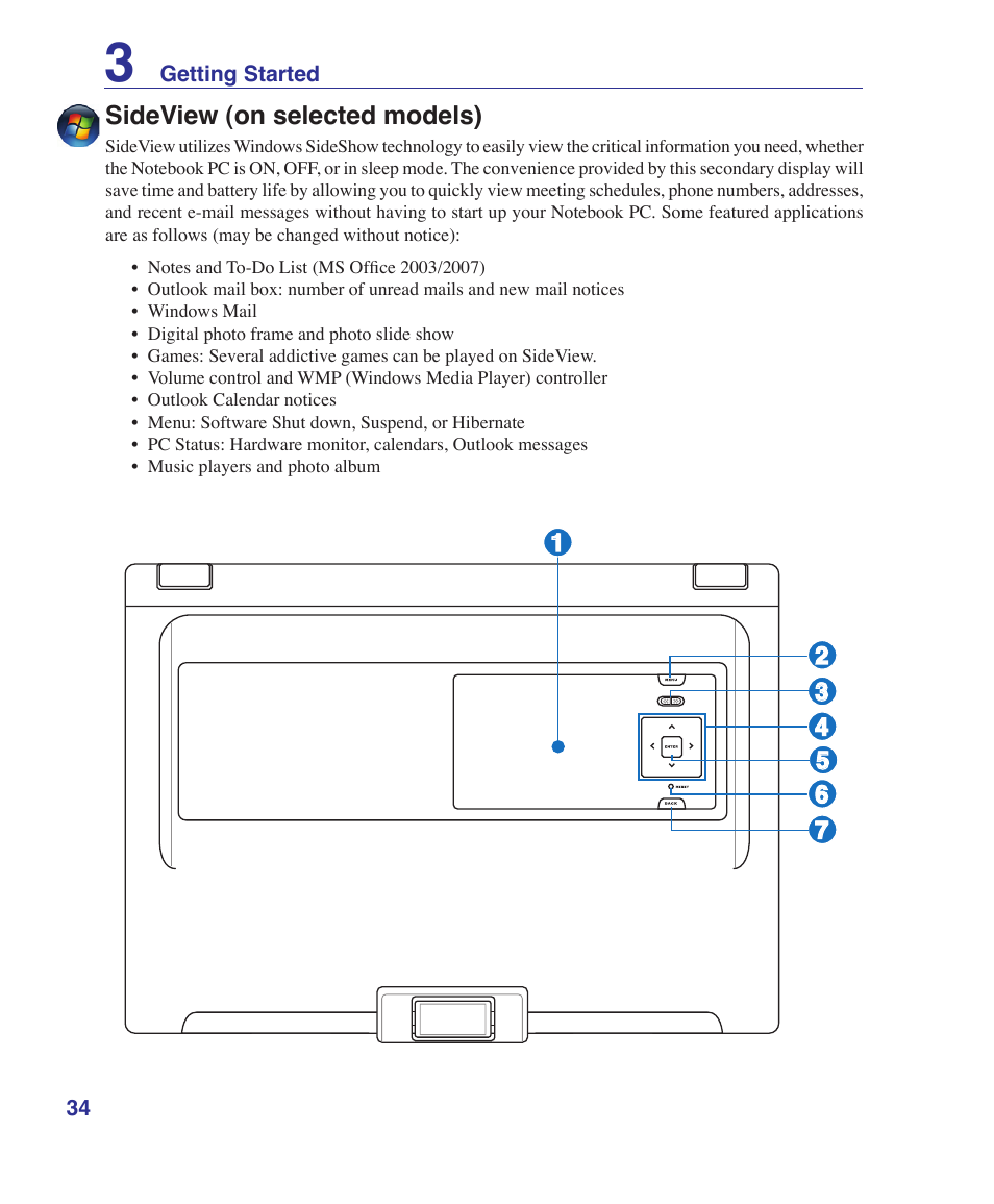 Sideview (on selected models) | Asus W5Fe User Manual | Page 34 / 87