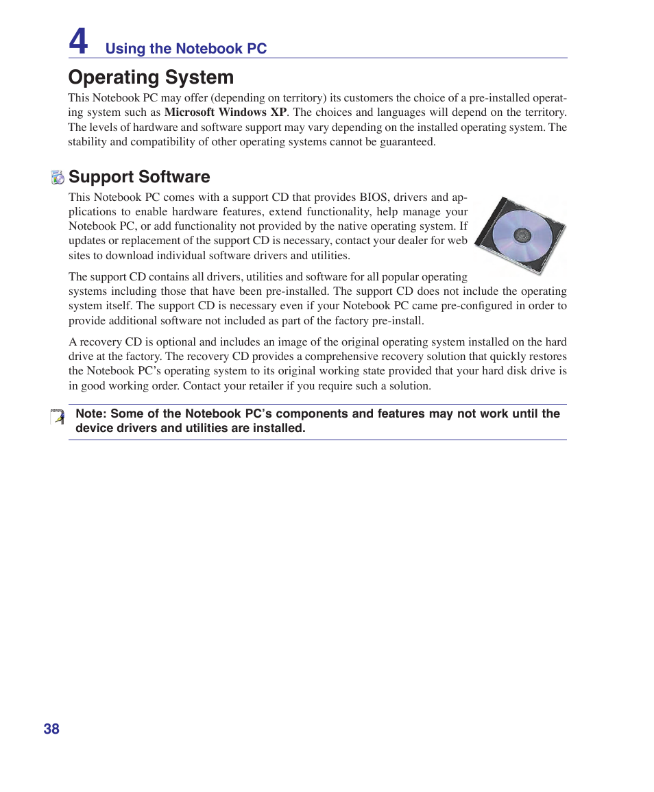 Operating system, Support software | Asus W5Fe User Manual | Page 38 / 87