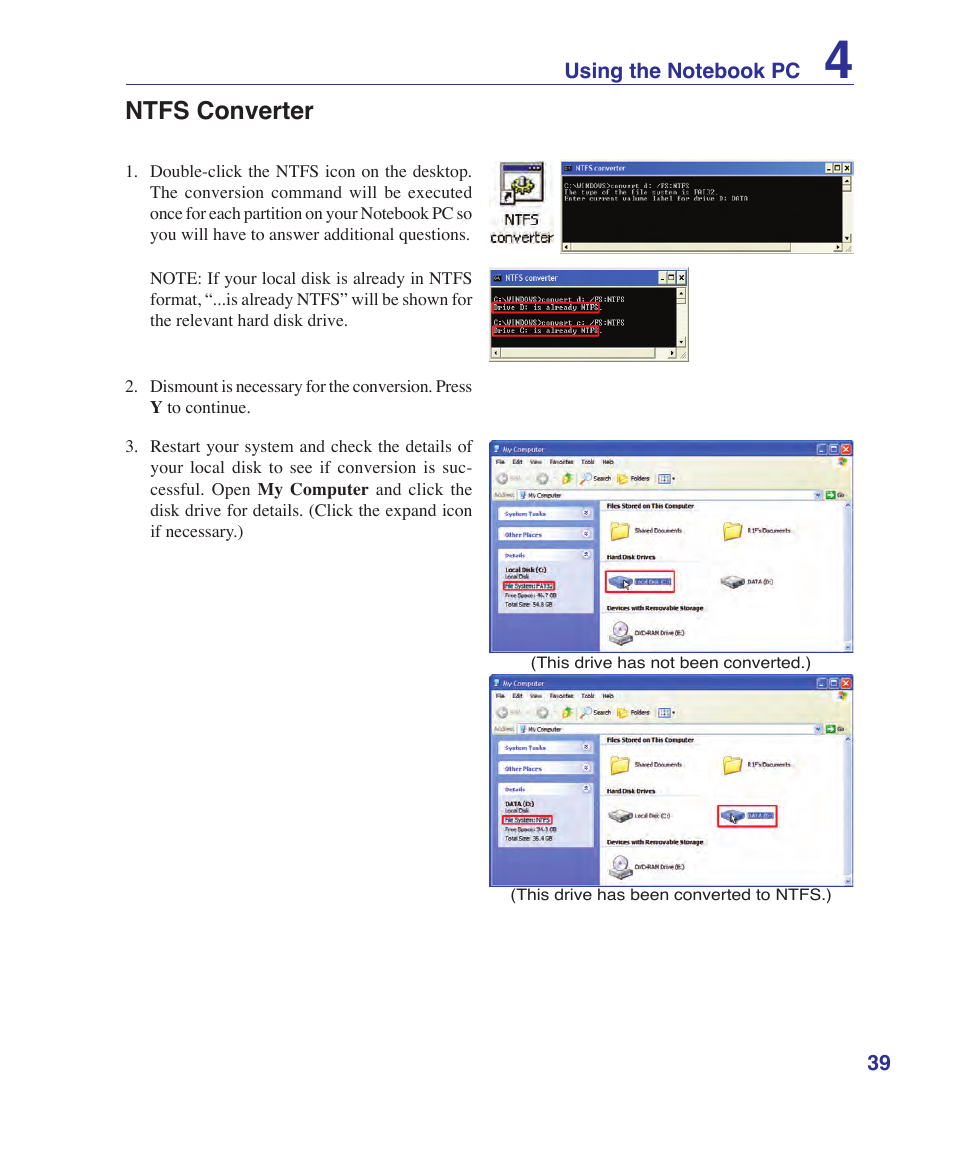 Ntfs converter | Asus W5Fe User Manual | Page 39 / 87