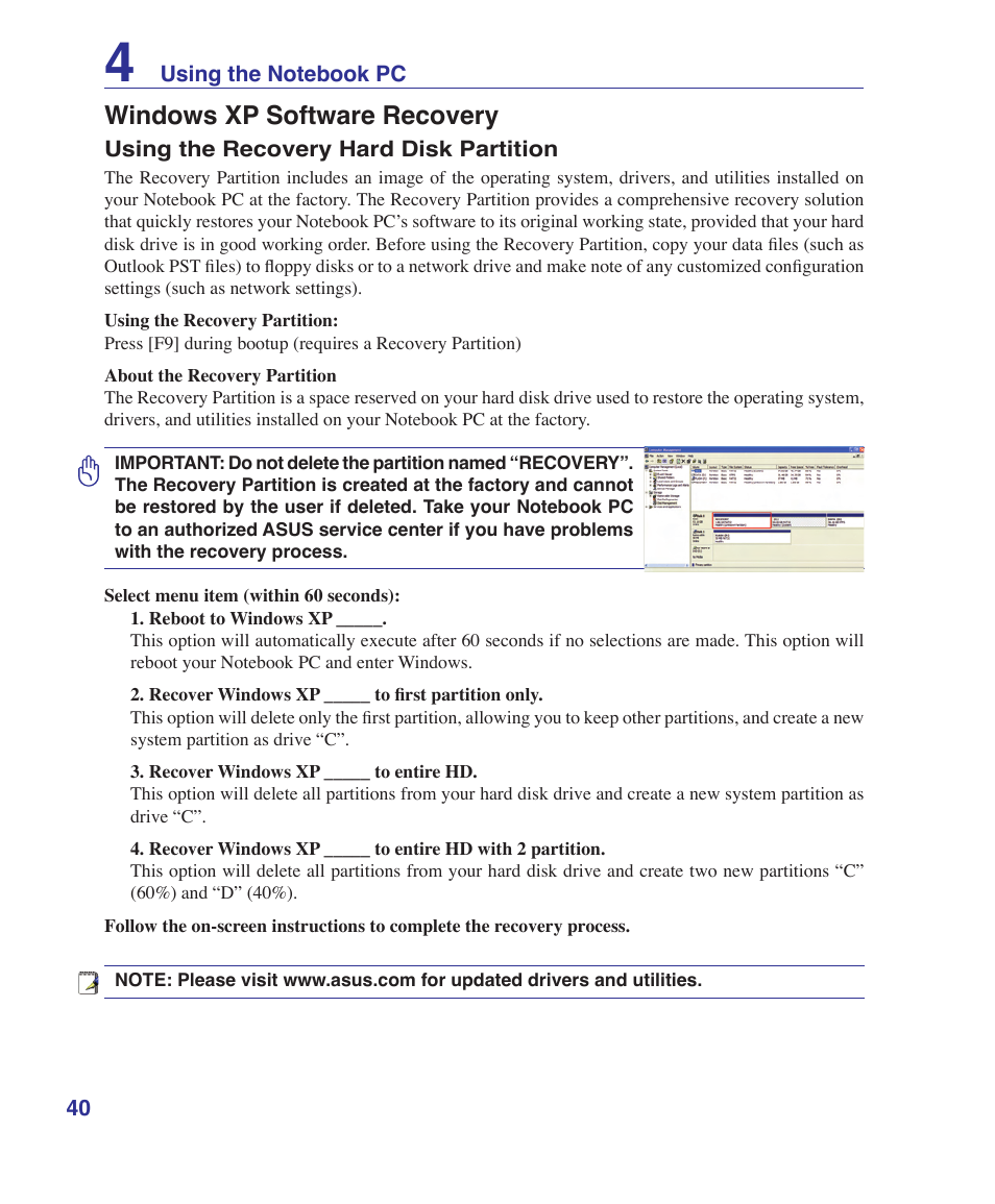 Windows xp software recovery | Asus W5Fe User Manual | Page 40 / 87