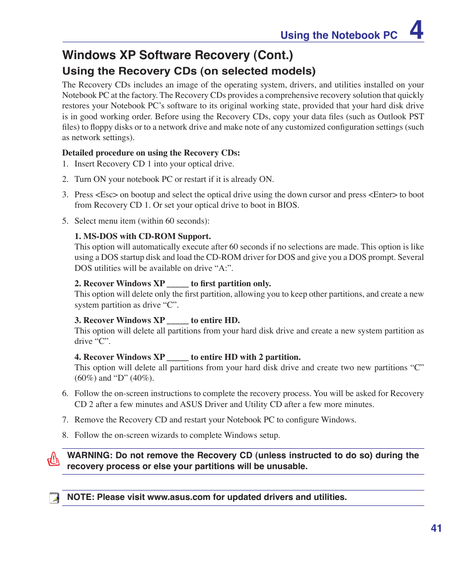 Windows xp software recovery (cont.) | Asus W5Fe User Manual | Page 41 / 87