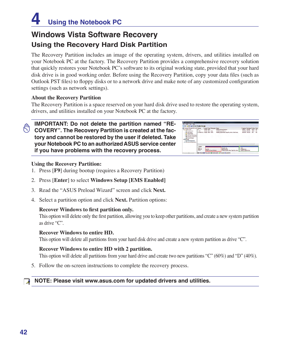 Windows vista software recovery | Asus W5Fe User Manual | Page 42 / 87