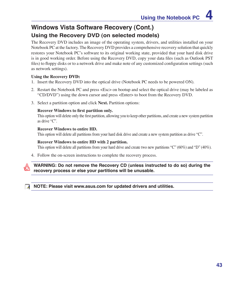 Windows vista software recovery (cont.) | Asus W5Fe User Manual | Page 43 / 87