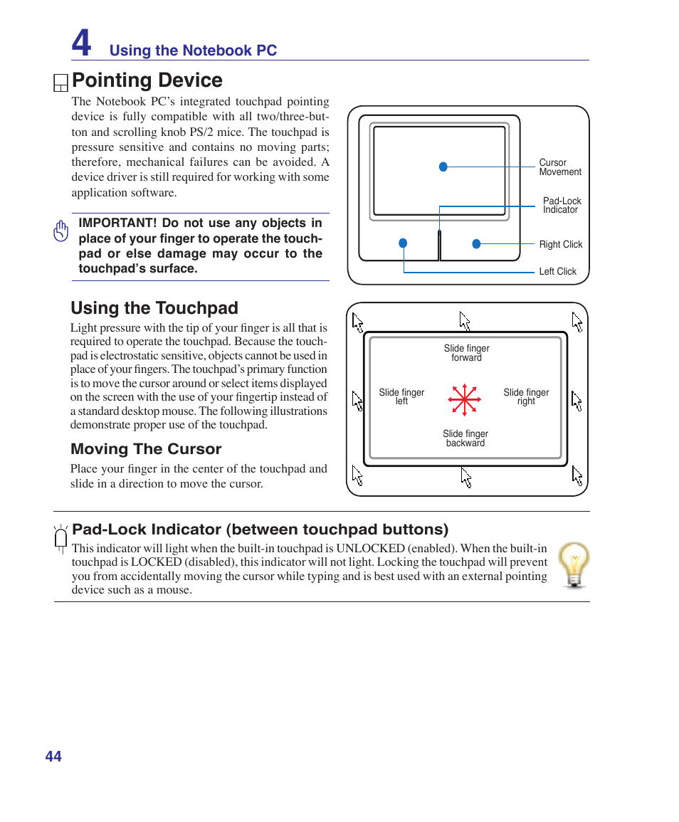 Pointing device, Using the touchpad | Asus W5Fe User Manual | Page 44 / 87