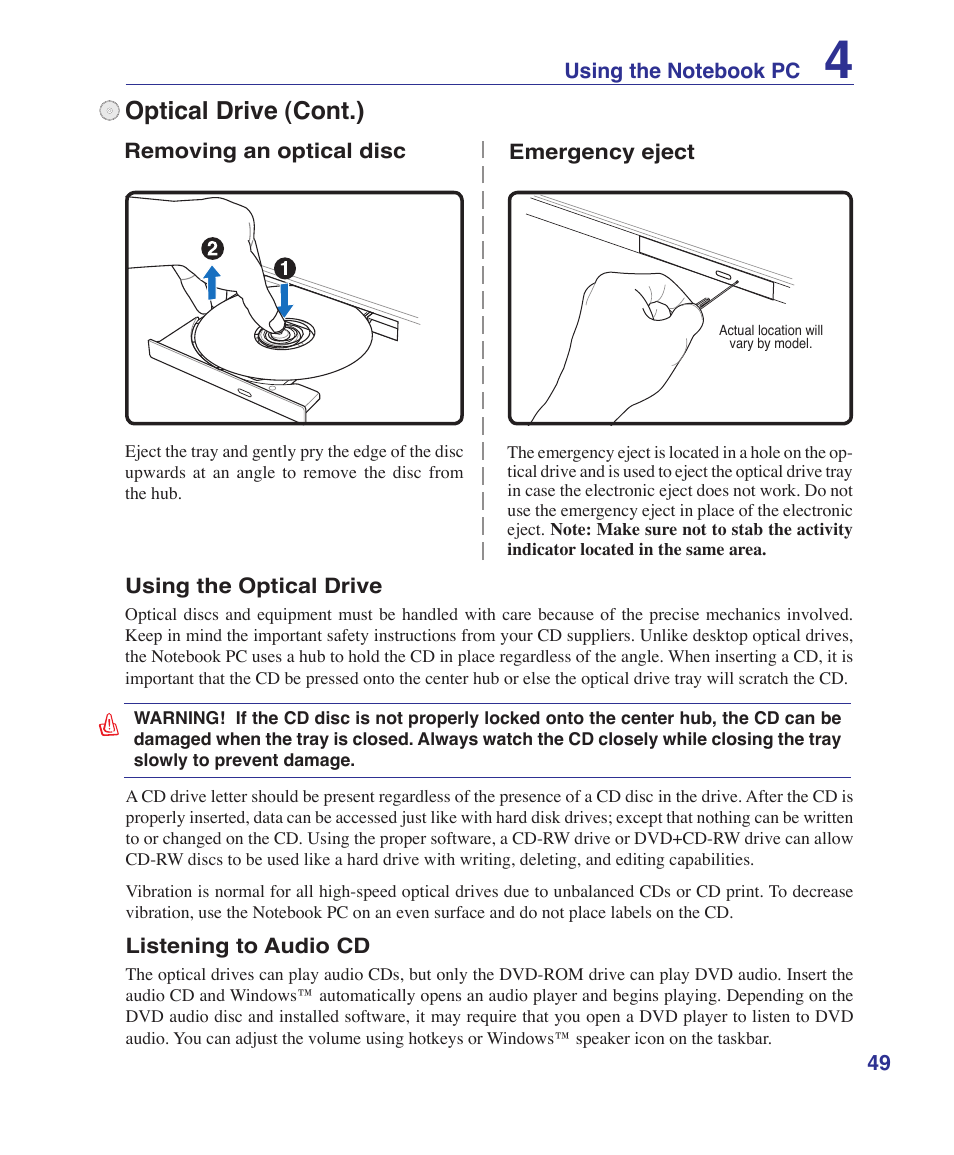 Optical drive (cont.) | Asus W5Fe User Manual | Page 49 / 87