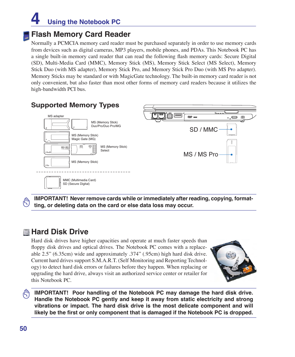 Flash memory card reader, Hard disk drive | Asus W5Fe User Manual | Page 50 / 87