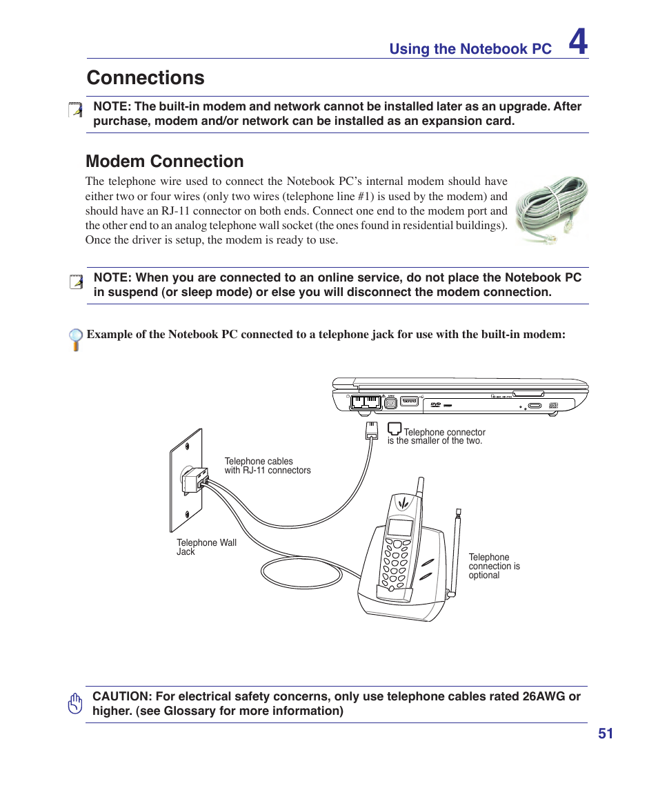 Connections, Modem connection | Asus W5Fe User Manual | Page 51 / 87