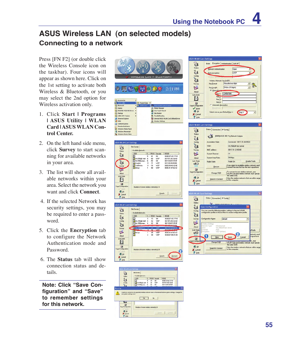 Asus wireless lan (on selected models) | Asus W5Fe User Manual | Page 55 / 87