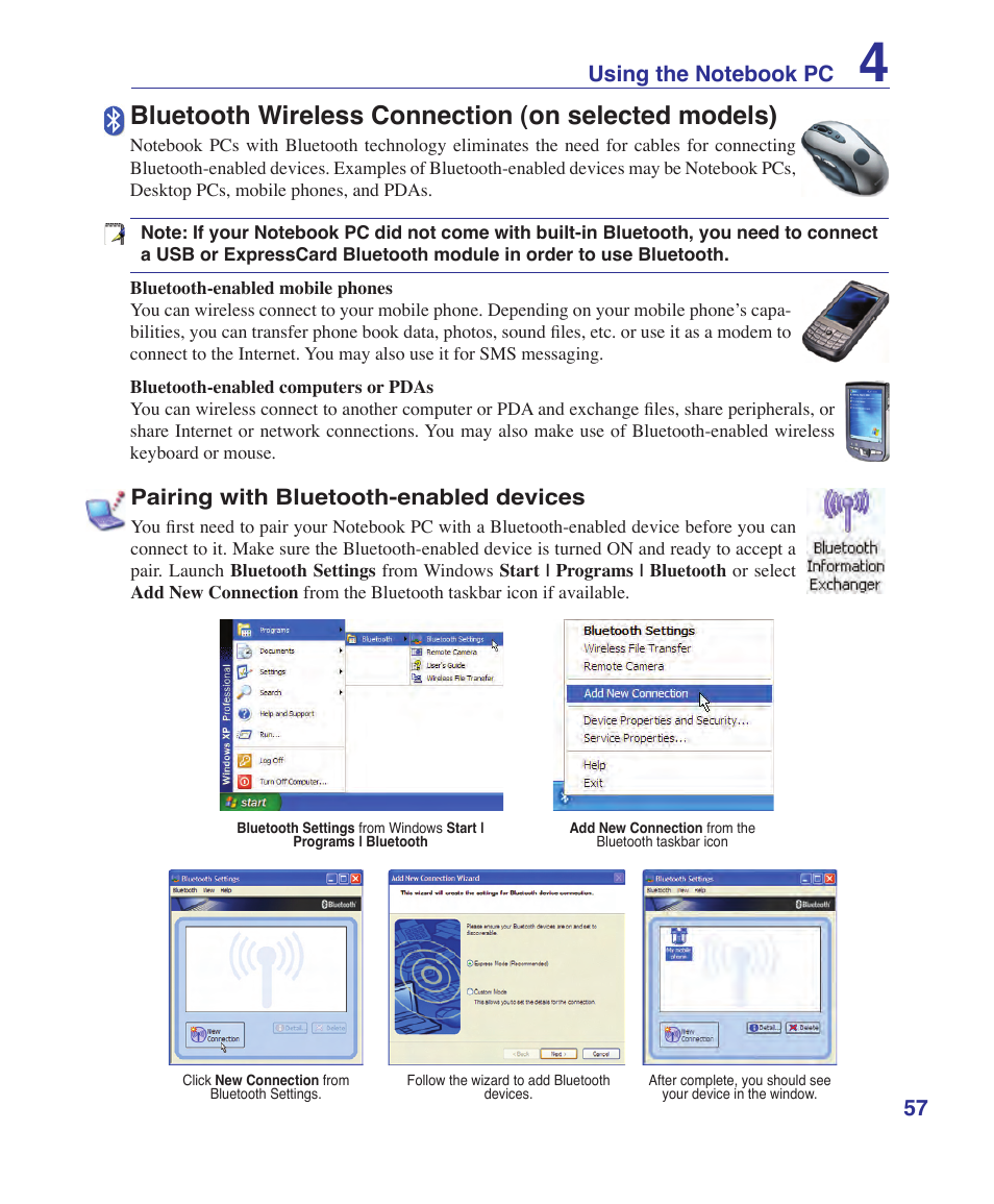 Bluetooth wireless connection (on selected models) | Asus W5Fe User Manual | Page 57 / 87