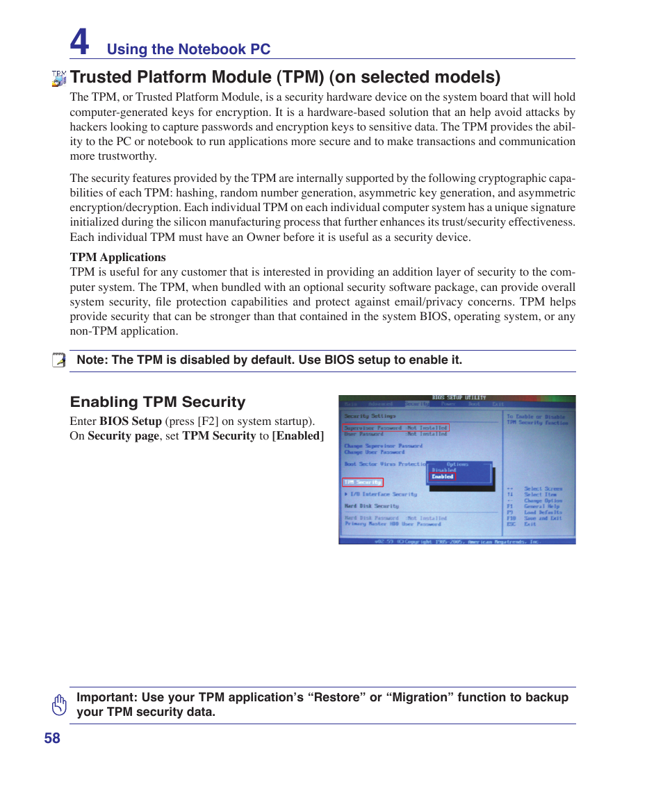 Trusted platform module (tpm) (on selected models) | Asus W5Fe User Manual | Page 58 / 87