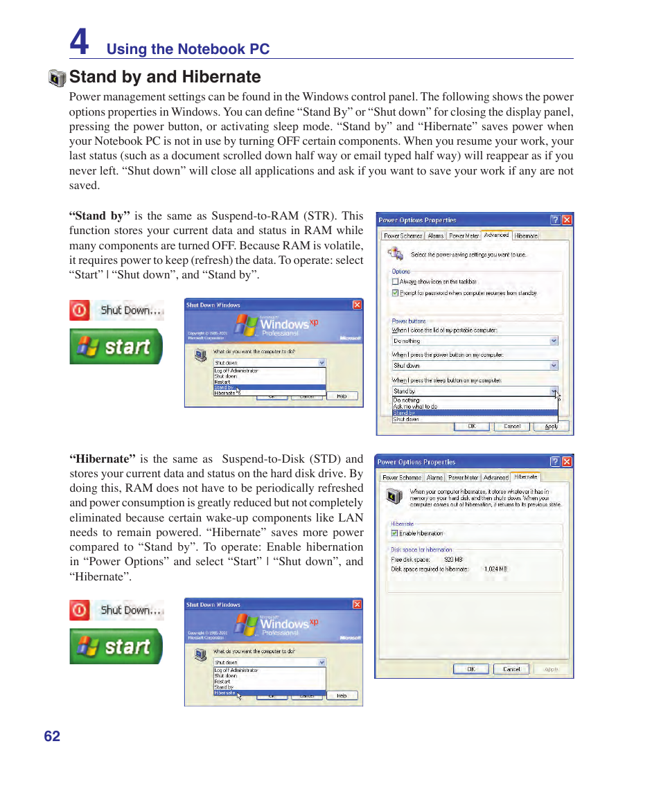Stand by and hibernate | Asus W5Fe User Manual | Page 62 / 87