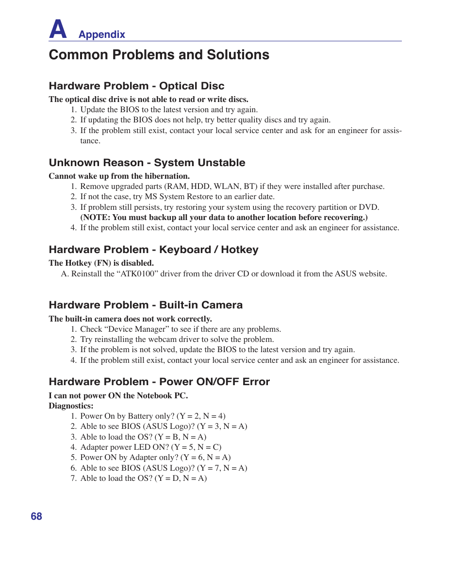 Common problems and solutions | Asus W5Fe User Manual | Page 68 / 87