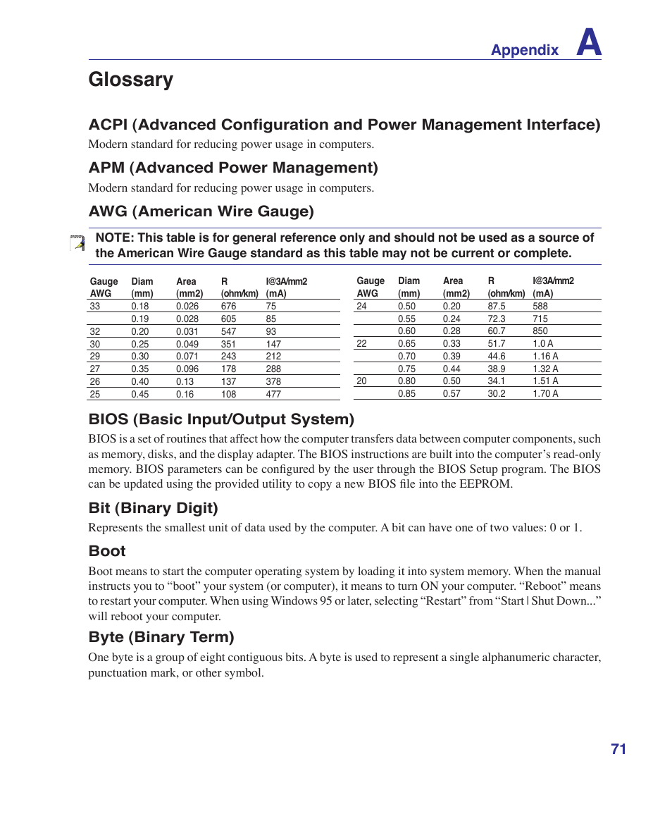 Glossary, 71 appendix, Apm (advanced power management) | Awg (american wire gauge), Bios (basic input/output system), Bit (binary digit), Boot, Byte (binary term) | Asus W5Fe User Manual | Page 71 / 87