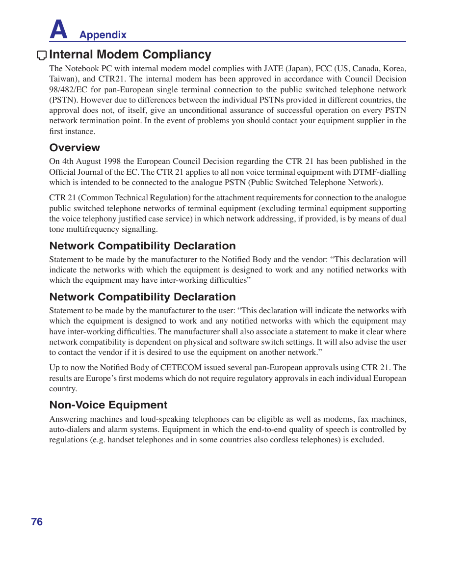 Internal modem compliancy | Asus W5Fe User Manual | Page 76 / 87